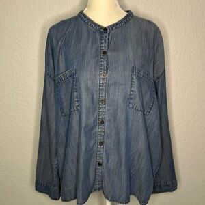 Eileen Fisher Chambray Collarless Button Down Long Sleeve Oversized Shirt Small